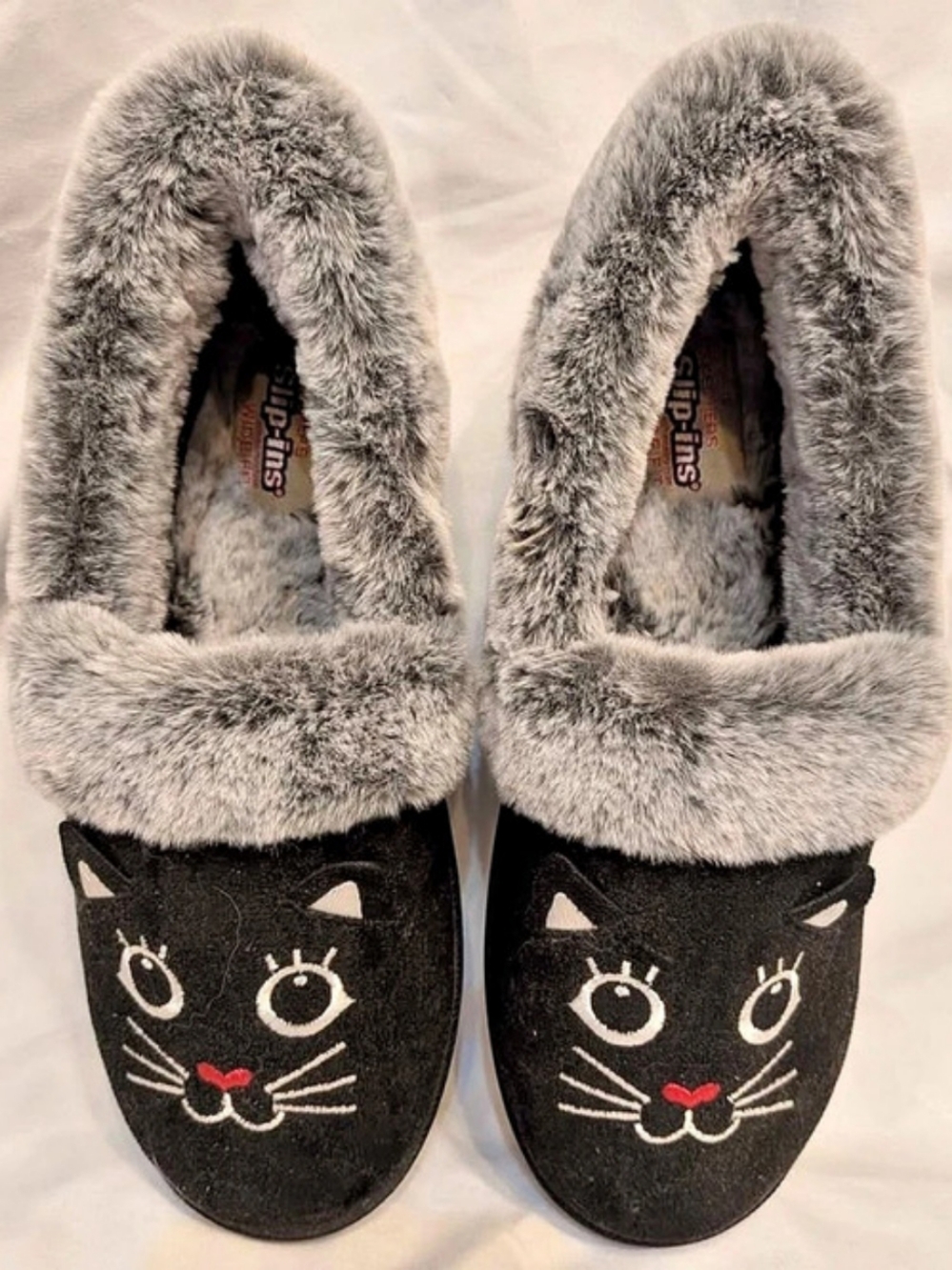Skechers BOBS Plush Cat Slippers Black & Gray US 8
